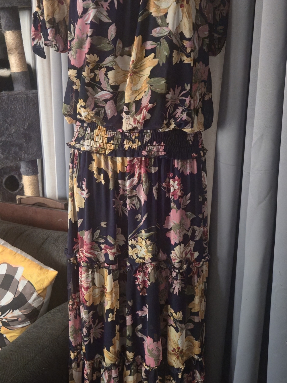 Floral Navy Maxi Dress with Pink & Yellow Blooms